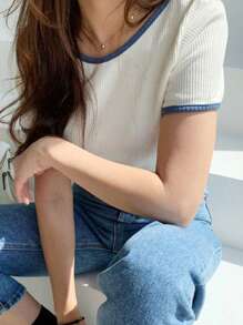 DAZY Camiseta unido en contraste de espalda abierta - Albaricoque - Ver 6