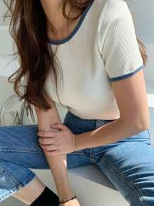 DAZY Camiseta unido en contraste de espalda abierta - Albaricoque - Ver 8