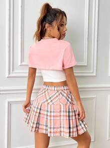 SHEIN Qutie Chất rắn Cami ngọn & Siêu Crop Top & Chân Váy xếp ly - Nhiều màu - Xem 4