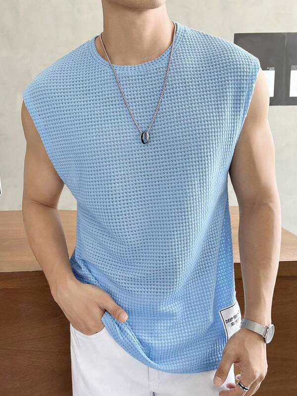 SWAVVY Men Solid Patched Detail Sleeveless Plain Light Blue Tank Top For Boyfriend Gift