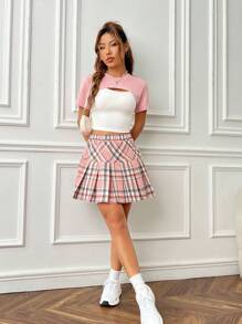 SHEIN Qutie Chất rắn Cami ngọn & Siêu Crop Top & Chân Váy xếp ly - Nhiều màu - Xem 6
