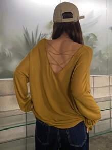 DAZY Criss Cross Back Drop Shoulder Jumper - Mustard Yellow - View 1