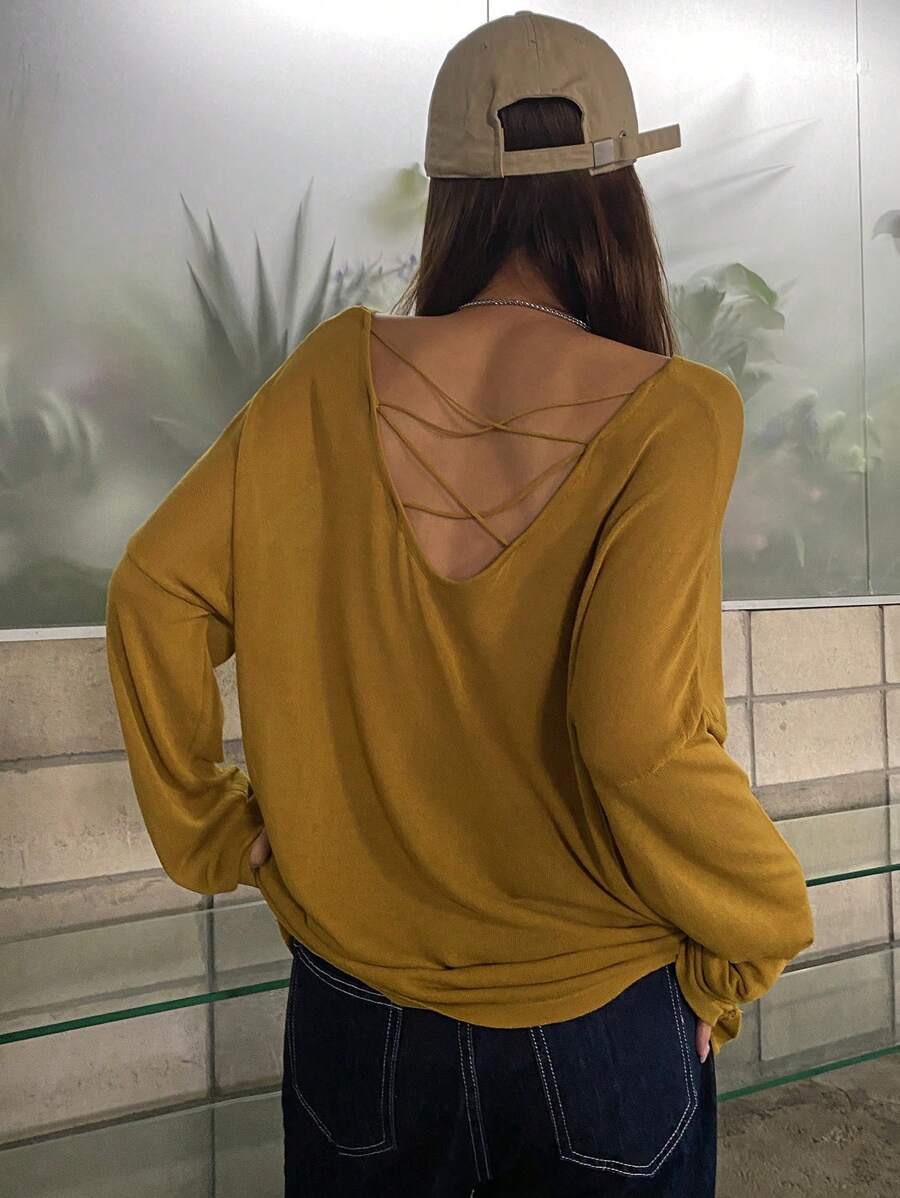 DAZY Criss Cross Back Drop Shoulder Jumper - Mustard Yellow - View 1