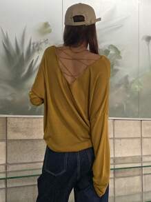 DAZY Criss Cross Back Drop Shoulder Jumper - Mustard Yellow - View 2