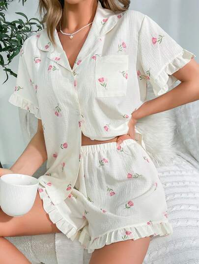 CottageSlumber Floral Print Ruffle Trim PJ Set / Pajama Set Holiday Season Cozy And Elegant Details