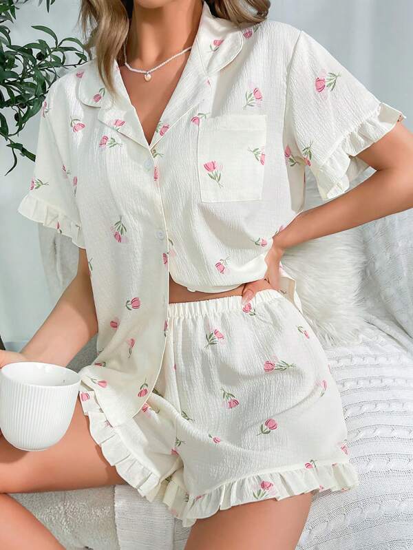 CottageSlumber Floral Print Ruffle Trim PJ Set / Pajama Set Holiday Season, Vacation