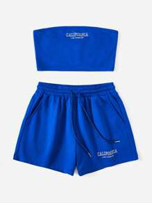 SHEIN EZwear Letter Graphic Tube Top & Drawstring Waist Shorts - Royal Blue - View 1