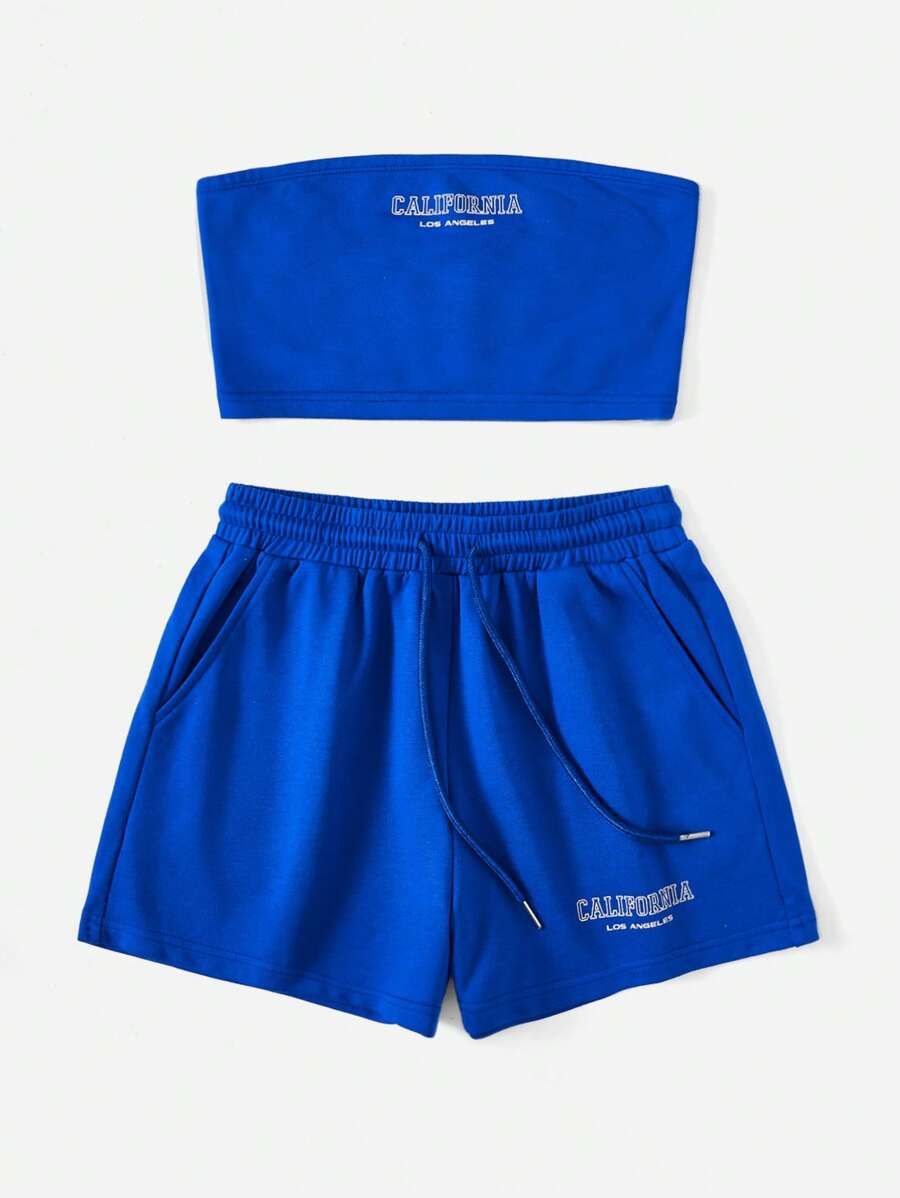 SHEIN EZwear Letter Graphic Tube Top & Drawstring Waist Shorts - Royal Blue - View 1