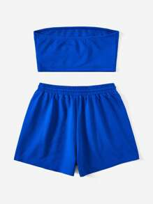 SHEIN EZwear Letter Graphic Tube Top & Drawstring Waist Shorts - Royal Blue - View 2
