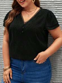 SHEIN Frenchy 大碼圓點荷葉袖襯衫 - 黑色 - 查看 1