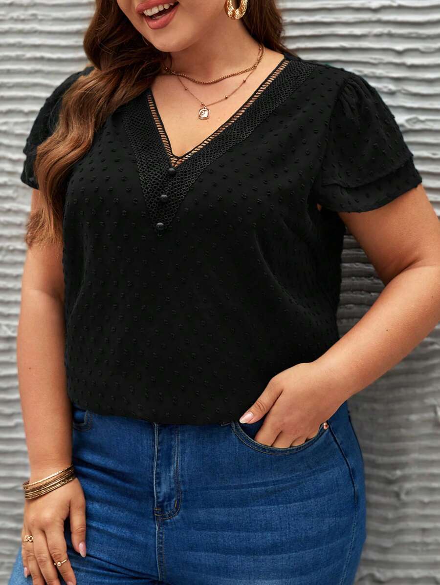 SHEIN Frenchy 大碼圓點荷葉袖襯衫 - 黑色 - 查看 1