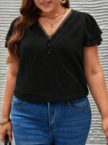 SHEIN Frenchy 大碼圓點荷葉袖襯衫 - 黑色 - 查看 5