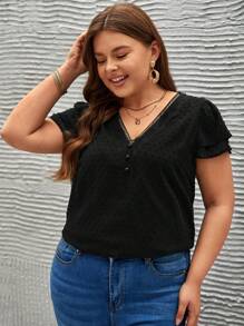 SHEIN Frenchy 大碼圓點荷葉袖襯衫 - 黑色 - 查看 6