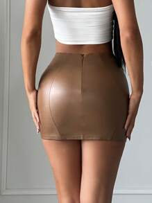 SHEIN SXY Ruched PU Leather Bodycon Skirt - Brown - View 2