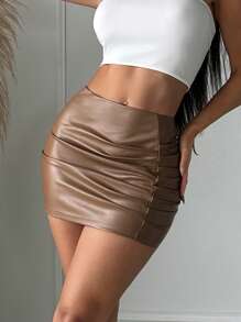 SHEIN SXY Ruched PU Leather Bodycon Skirt - Brown - View 1