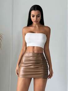 SHEIN SXY Ruched PU Leather Bodycon Skirt - Brown - View 3