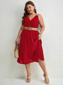 SHEIN Frenchy Talla grande Vestido de tirantes unicolor sin cinturón - Burdeos - Ver 3