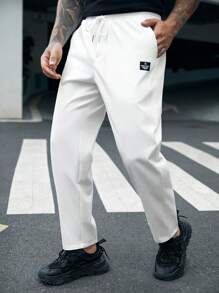GENTILAND Men Letter Patched Detail Drawstring Waist Pants - White - View 1