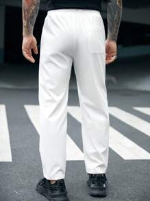 GENTILAND Men Letter Patched Detail Drawstring Waist Pants - White - View 3