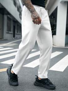 GENTILAND Men Letter Patched Detail Drawstring Waist Pants - White - View 4
