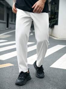 GENTILAND Men Letter Patched Detail Drawstring Waist Pants - White - View 6