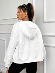 SHEIN EZwear Star Pattern Drop Shoulder Drawstring Zipper Hoodie - White - View 2
