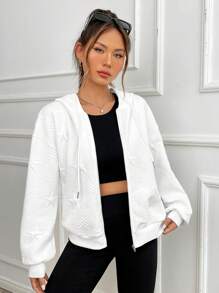 SHEIN EZwear Star Pattern Drop Shoulder Drawstring Zipper Hoodie - White - View 4