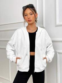 SHEIN EZwear Star Pattern Drop Shoulder Drawstring Zipper Hoodie - White - View 5