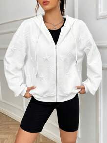 SHEIN EZwear Star Pattern Drop Shoulder Drawstring Zipper Hoodie - White - View 1