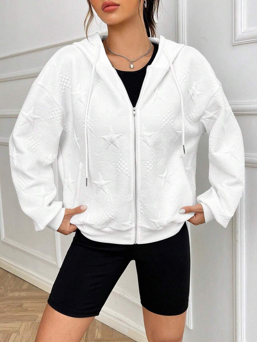 SHEIN EZwear Star Pattern Drop Shoulder Drawstring Zipper Hoodie - White - View 1