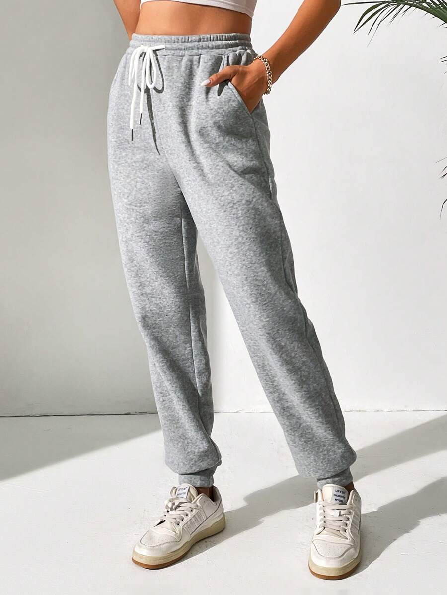 SHEIN Tall Solid Drawstring Waist Slant Pocket Joggers - Light Grey - View 1