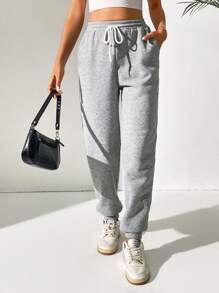 SHEIN Tall Solid Drawstring Waist Slant Pocket Joggers - Light Grey - View 3