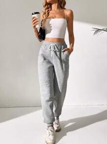 SHEIN Tall Solid Drawstring Waist Slant Pocket Joggers - Light Grey - View 4