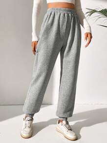 SHEIN Tall Pantalones deportivos unicolor de cintura elástica - Gris Claro - Ver 1