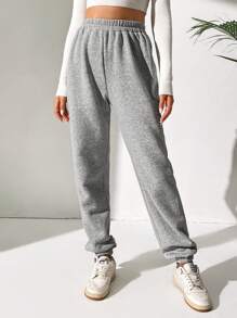 SHEIN Tall Pantalones deportivos unicolor de cintura elástica - Gris Claro - Ver 3