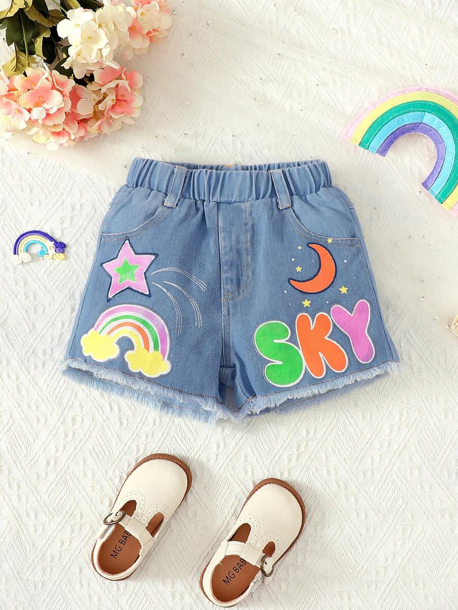 女小童星星和字母圖案毛邊牛仔短褲