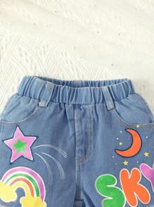 女小童星星和字母圖案毛邊牛仔短褲