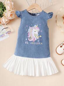 女小童獨角獸&字母圖案荷葉邊百褶下擺牛仔洋裝 - 中等水洗藍 - 查看 1