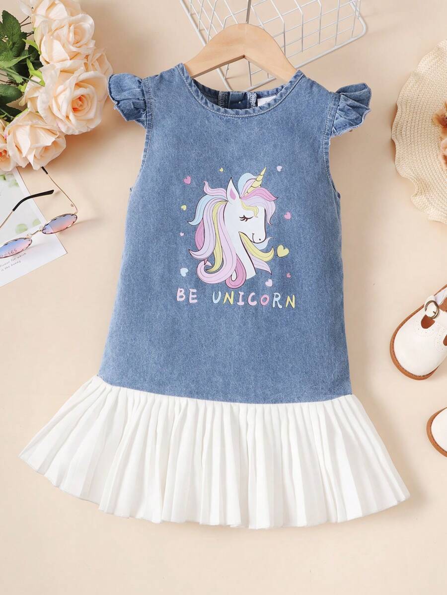 女小童獨角獸&字母圖案荷葉邊百褶下擺牛仔洋裝 - 中等水洗藍 - 查看 1