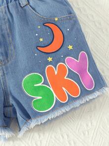 女小童星星和字母圖案毛邊牛仔短褲