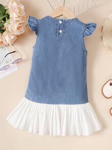 女小童獨角獸&字母圖案荷葉邊百褶下擺牛仔洋裝 - 中等水洗藍 - 查看 2