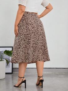 SHEIN Privé Hơn In hoa Báo Tách đùi Váy - Cà phê nâu - Xem 2