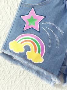 女小童星星和字母圖案毛邊牛仔短褲