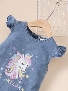 女小童獨角獸&字母圖案荷葉邊百褶下擺牛仔洋裝 - 中等水洗藍 - 查看 4