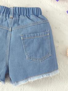 女小童星星和字母圖案毛邊牛仔短褲