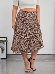 SHEIN Privé Hơn In hoa Báo Tách đùi Váy - Cà phê nâu - Xem 4