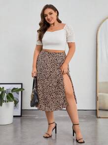 SHEIN Privé Hơn In hoa Báo Tách đùi Váy - Cà phê nâu - Xem 6