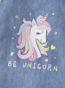 女小童獨角獸&字母圖案荷葉邊百褶下擺牛仔洋裝 - 中等水洗藍 - 查看 6