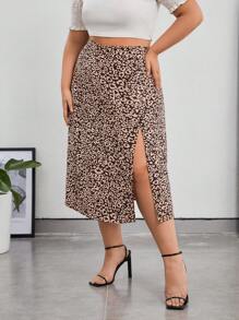 SHEIN Privé Hơn In hoa Báo Tách đùi Váy - Cà phê nâu - Xem 5