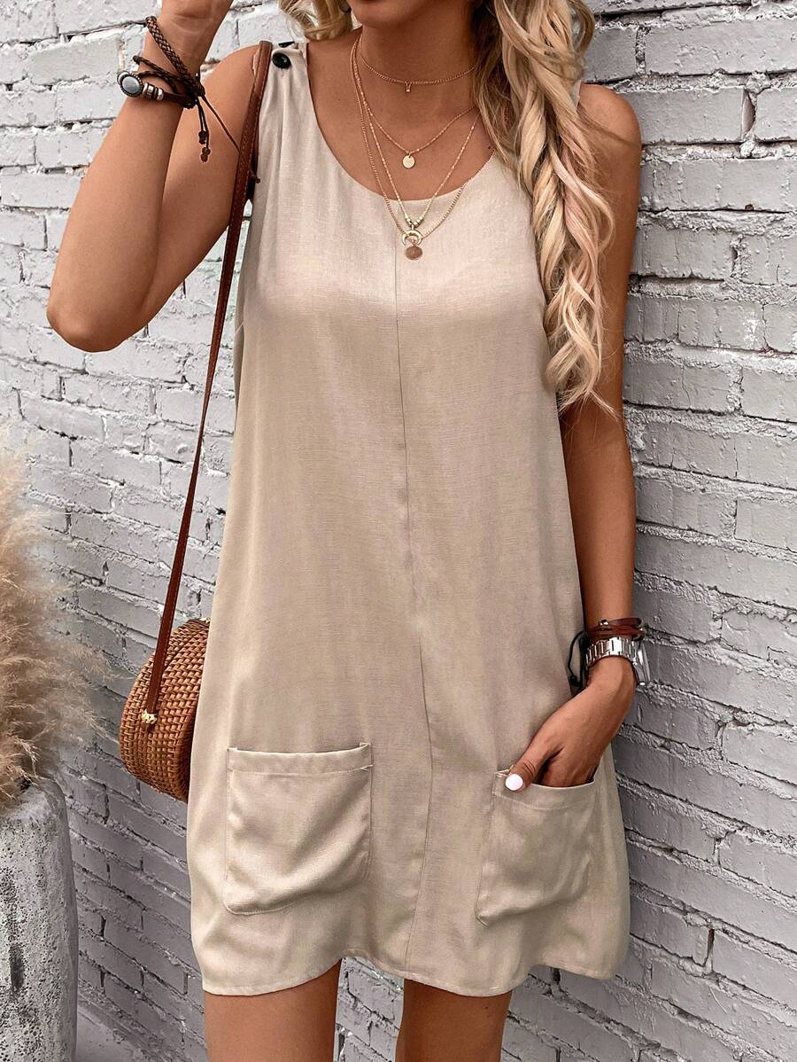 EMERY ROSE 素色雙口袋背心洋裝 - 卡其色 - 查看 1
